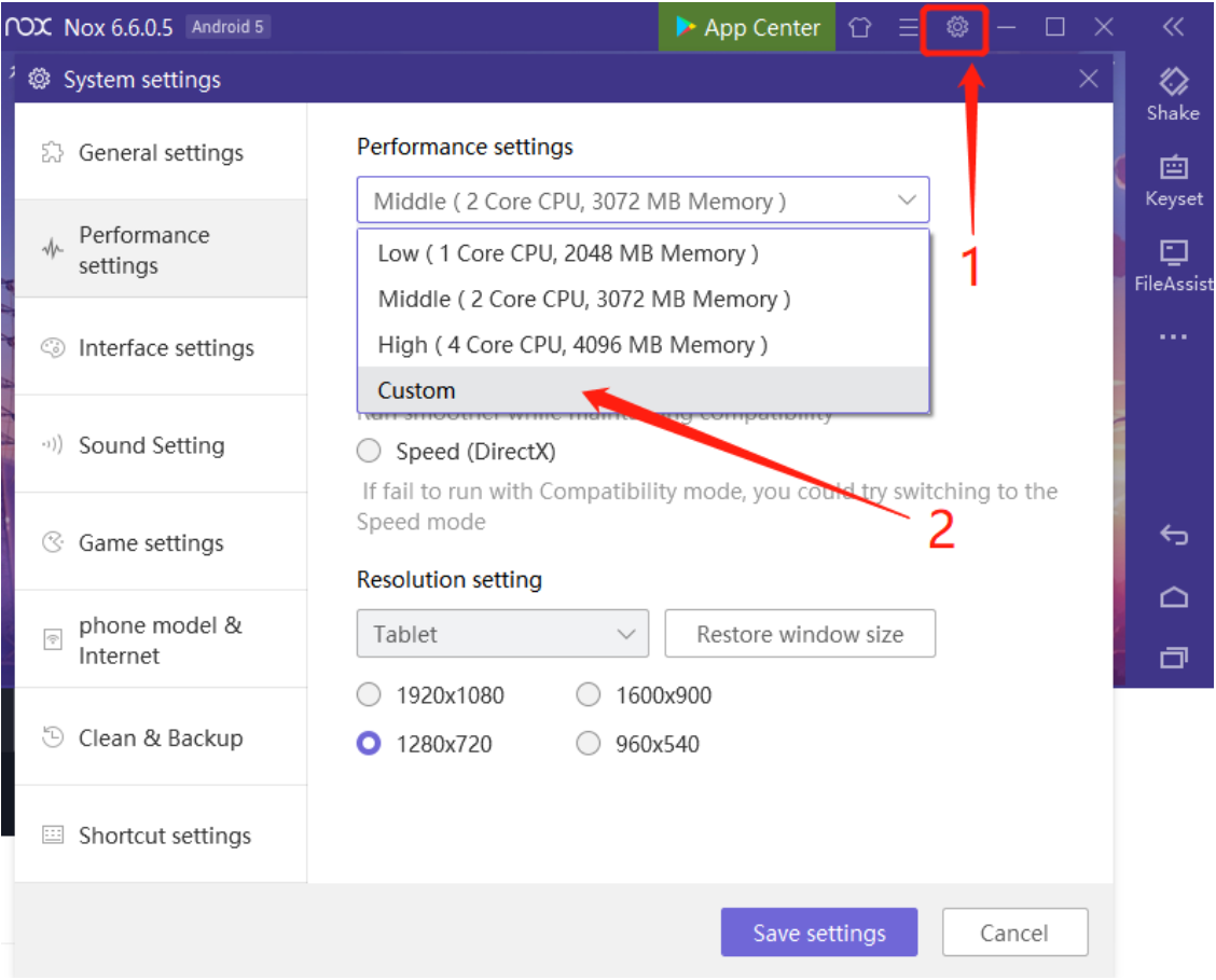 Customize CPU And RAM settings in Noxplayer