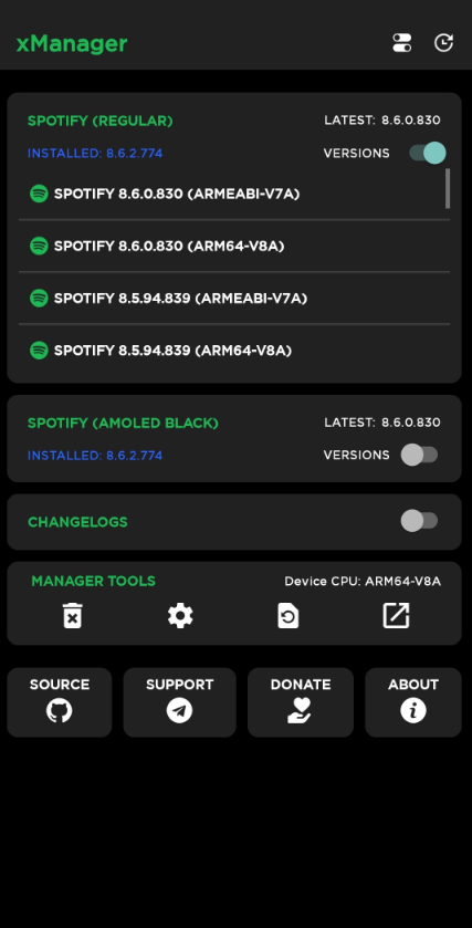 Different types of MODs for Spotify - xManager for PC