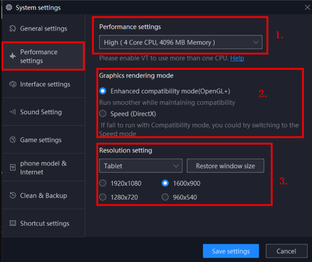 Hardware Acceleration Settings for NoxPlayer Emulatore on Windows